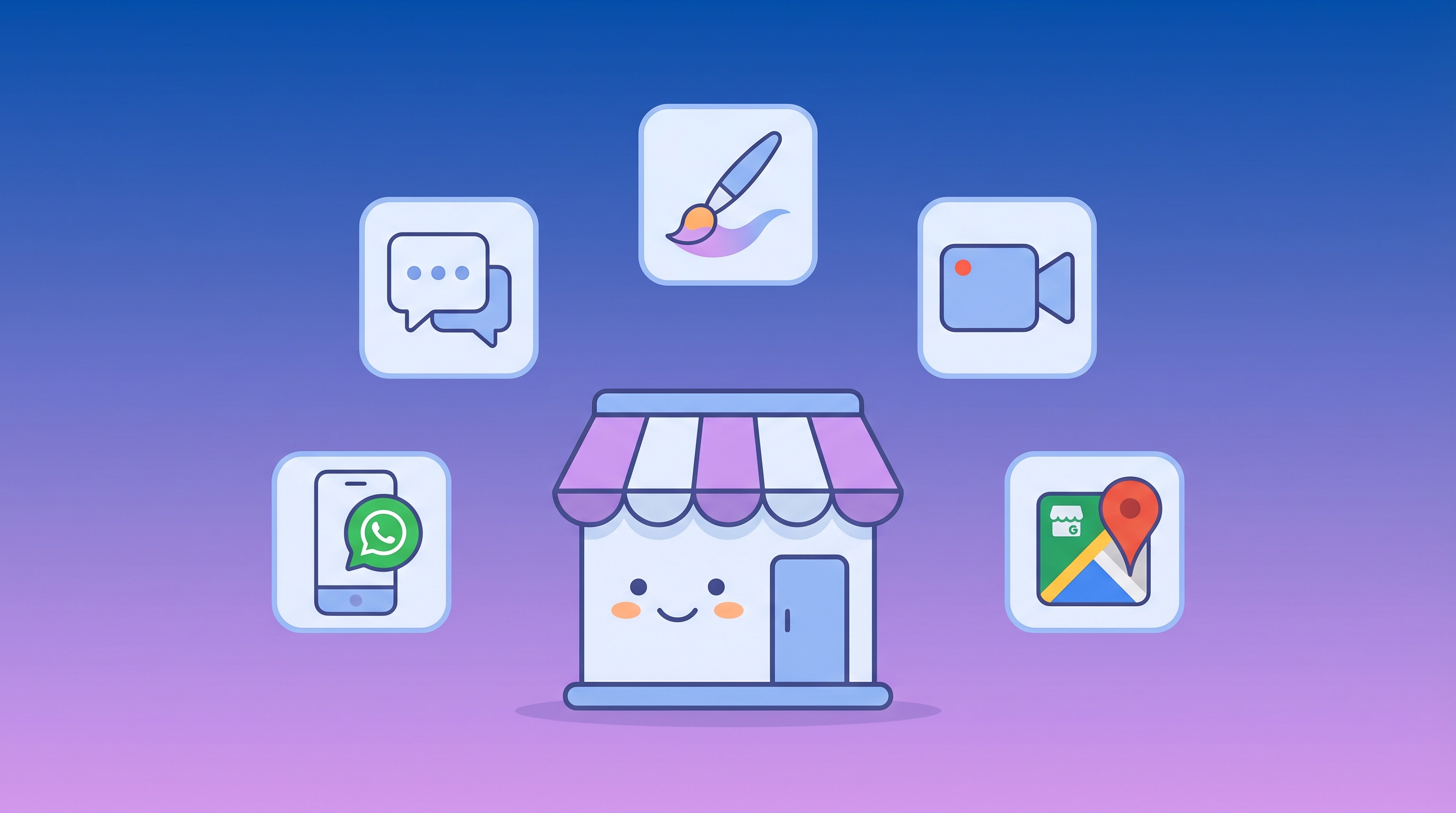 Ilustração de ferramentas digitais e ícones de inteligência artificial conectados a um pequeno negócio