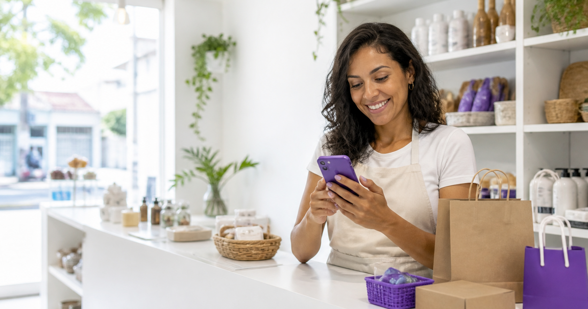 Dona de loja física usando o celular para organizar catálogo, pagamento e retirada de pedidos online